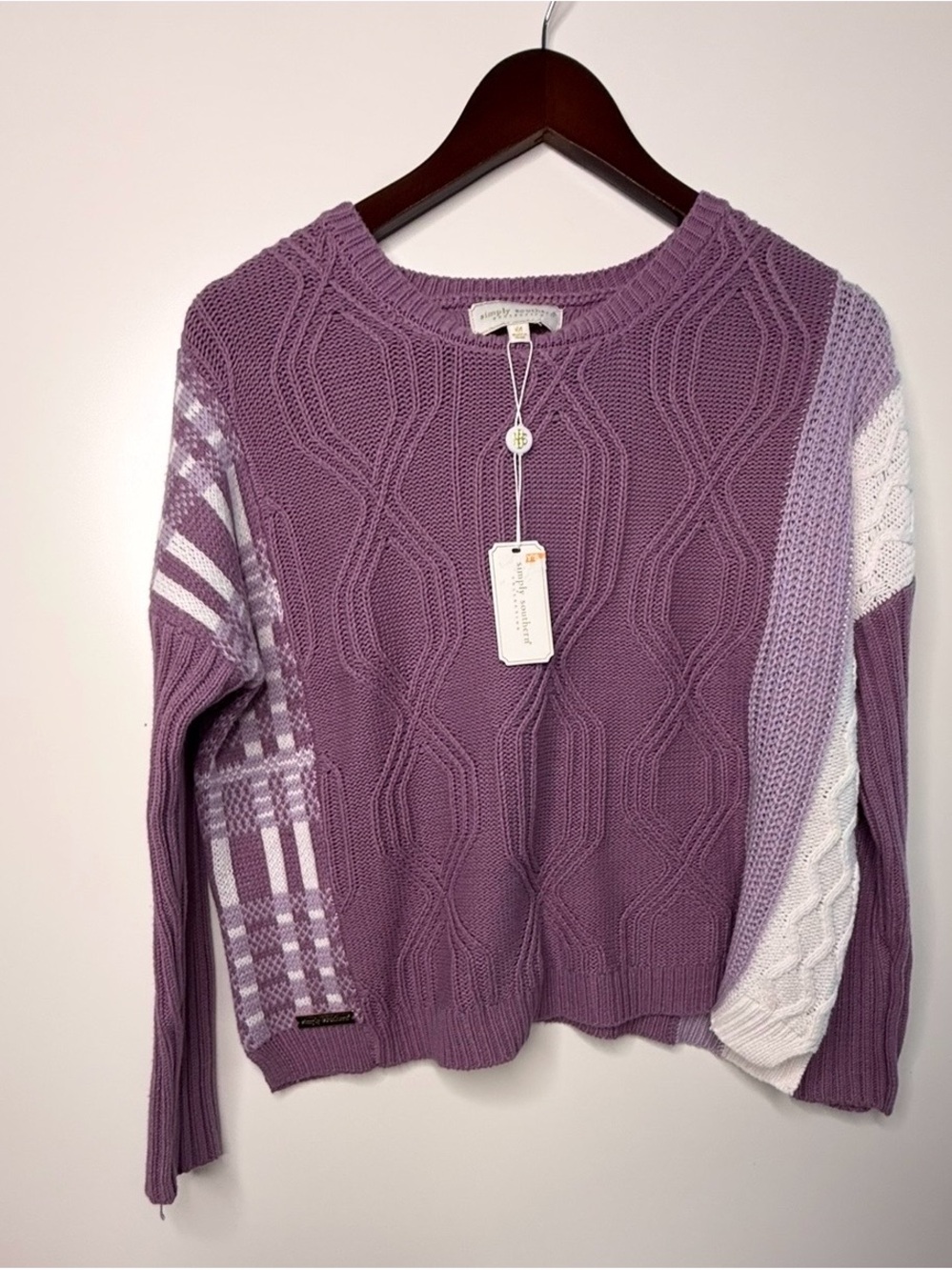 Simply Southern Sweater , cable knit pattern and plaid sleeves, Lavender, M, NWT